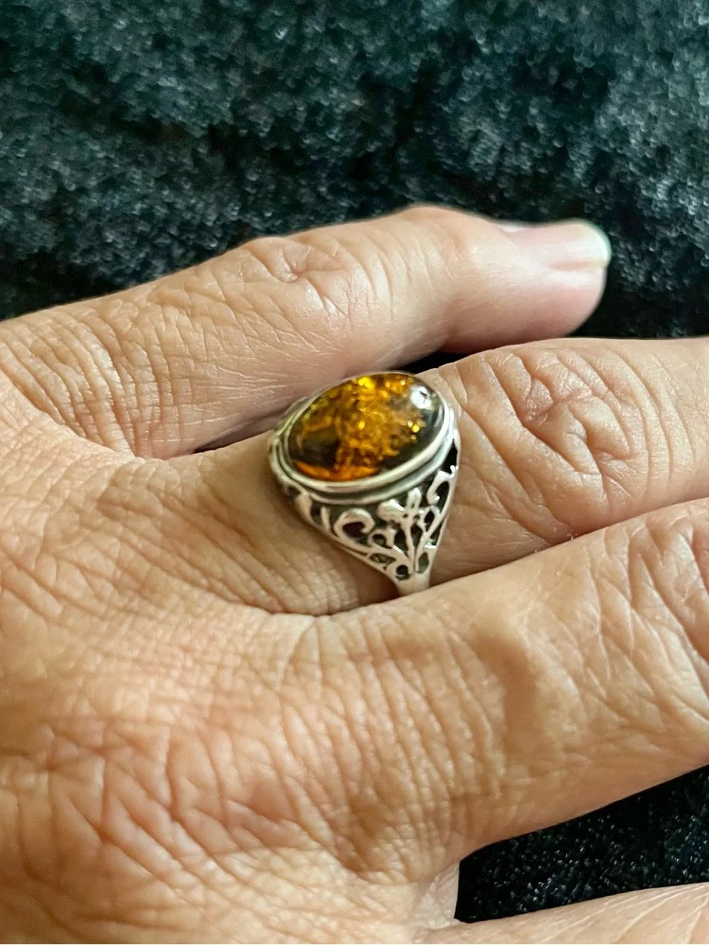 Sterling Silver Amber Ring with Intricate Design, size 7